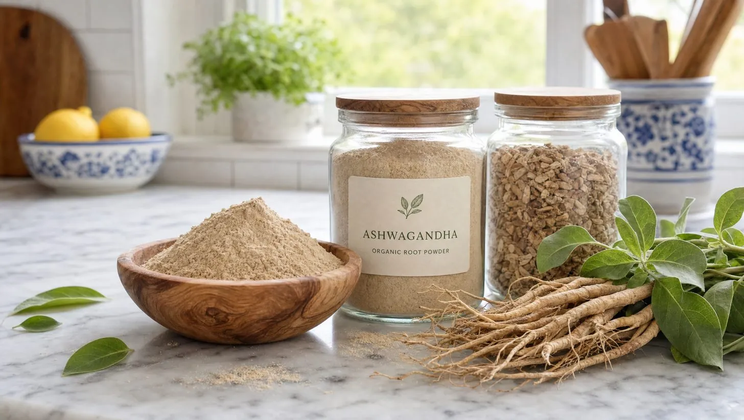 Organic ashwagandha root powder in a wooden bowl beside jars of dried root on a kitchen bench