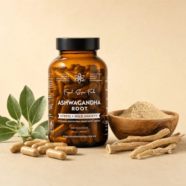 Forest Super Foods Organic Ashwagandha Root capsules bottle with loose capsules and dried root