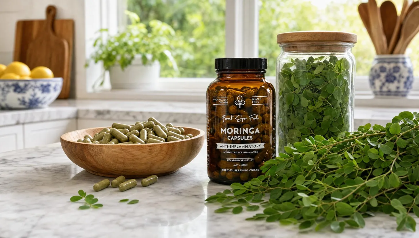 Forest Super Foods moringa capsules in a timber bowl beside fresh moringa leaves in a bright Australian kitchen