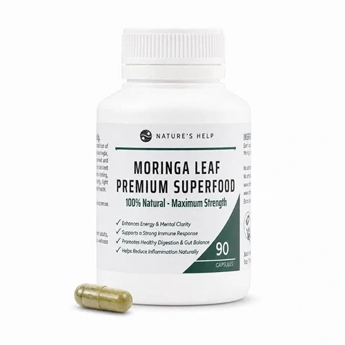 Turmeric Australia Moringa Leaf Capsules bottle with capsule, reviewed for Moringa Powder and capsule quality.
