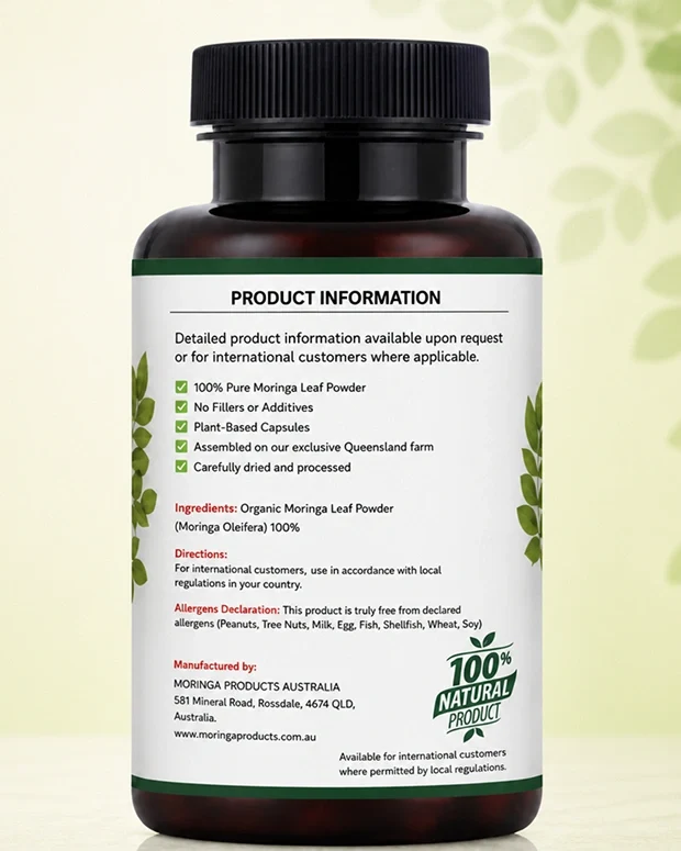 Back label of Moringa Products Australia Moringa Capsules showing supplement information and product details.