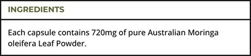 Ingredients label for Turmeric Australia Moringa Capsules showing Moringa oleifera leaf powder details.