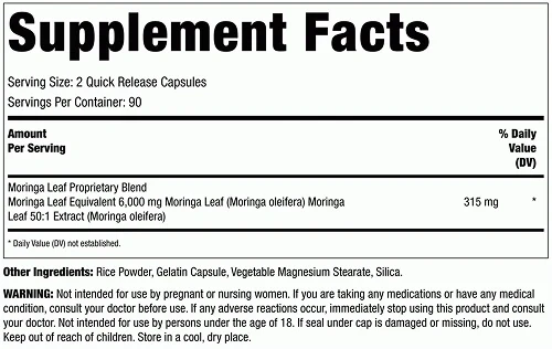Supplement facts label for Piping Rock Moringa Oleifera Extract showing dosage and ingredient information.