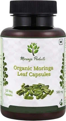 Moringa Products Australia Organic Moringa Leaf Capsules bottle shown in the Moringa Capsules comparison.