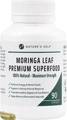 Turmeric Australia Moringa Leaf Capsules bottle with capsule, reviewed for Moringa Powder and capsule quality.