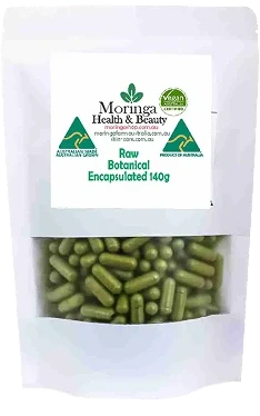 Australian Moringa Shop encapsulated moringa pouch with green capsules shown in the Moringa Capsules review.
