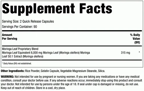 Piping Rock Moringa Supplement Facts Supplement facts label for Piping Rock Moringa Oleifera Extract showing dosage and ingredient information.