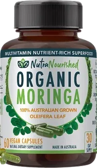 Nutra Nourished Organic Moringa Capsules Nutra Nourished Organic Moringa Leaf Tablets bottle with moringa leaves shown in the capsule comparison guide.