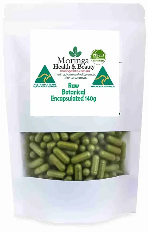 Australian Moringa Shop encapsulated moringa pouch with green capsules shown in the Moringa Capsules review.