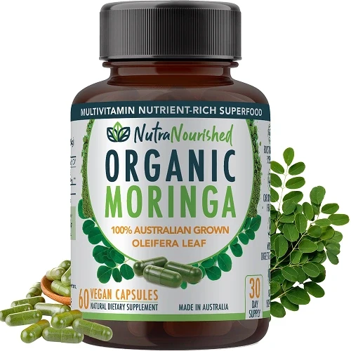 Nutra Nourished Organic Moringa Leaf Tablets bottle with moringa leaves shown in the capsule comparison guide.