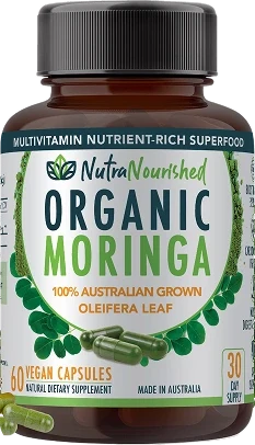 Nutra Nourished Organic Moringa Leaf Tablets bottle with moringa leaves shown in the capsule comparison guide.
