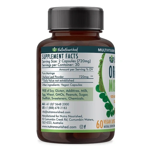 Back label of Nutra Nourished Organic Moringa Leaf Tablets showing product and supplement details.