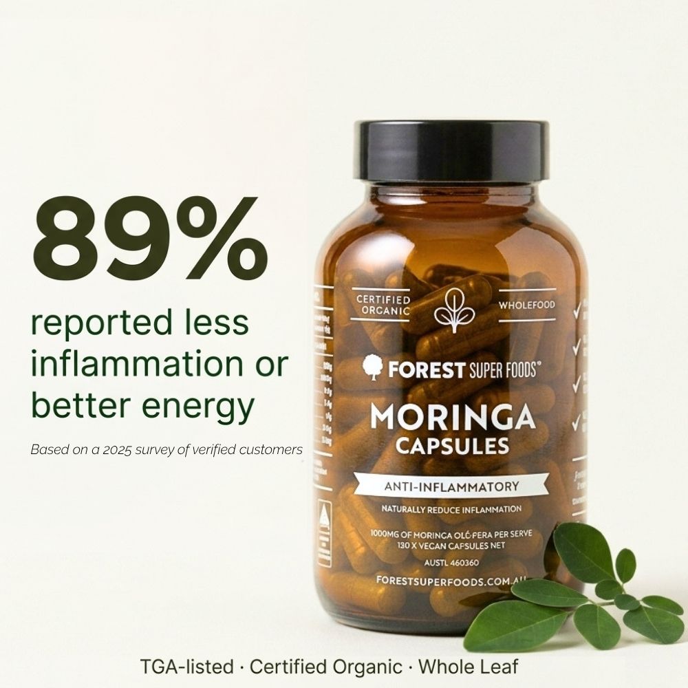 Forest Super Foods Organic Moringa Capsules showing the Advantage of Moringa Powder in a clean whole-leaf capsule format.
