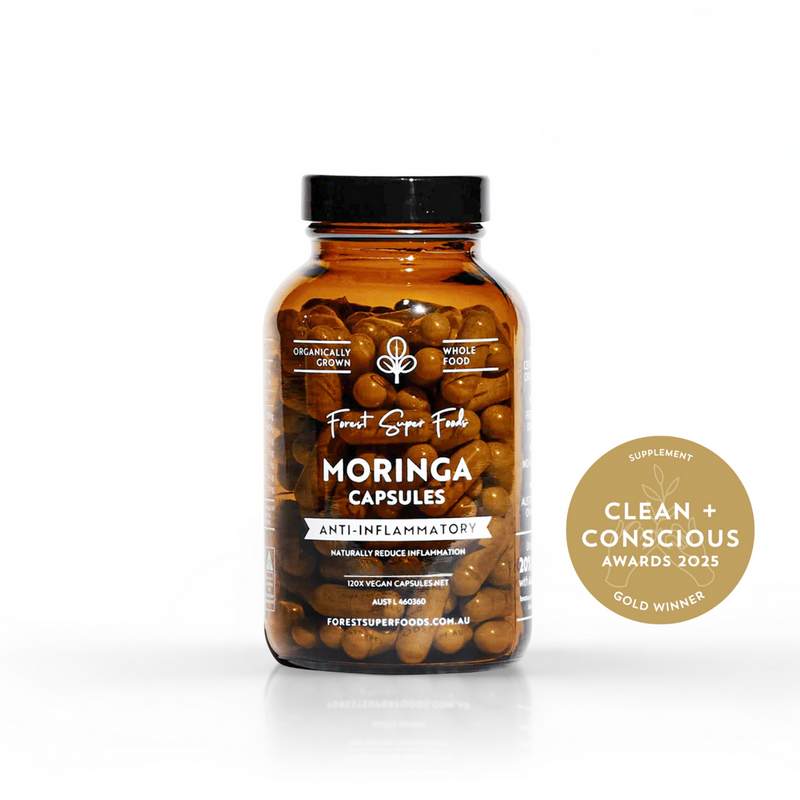Forest Super Foods Organic Moringa Capsules with Clean and Conscious badge, ranked as the top moringa supplement.