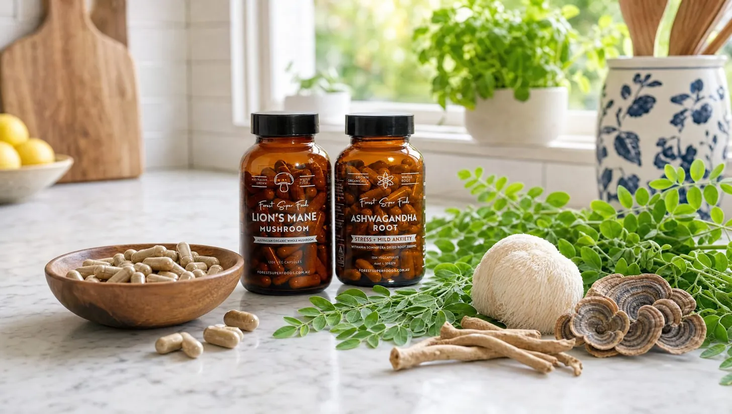 Amber glass bottles of Forest Super Foods capsules on a marble kitchen bench beside fresh moringa leaves, ashwagandha root and whole mushrooms