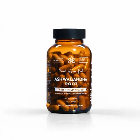 Forest Super Foods Organic Ashwagandha Root Capsules, amber glass bottle