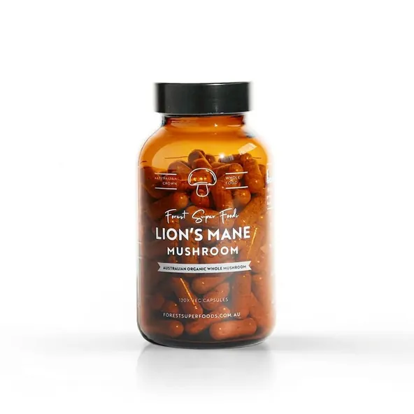 Forest Super Foods Lion's Mane Whole Mushroom Capsules, amber glass bottle